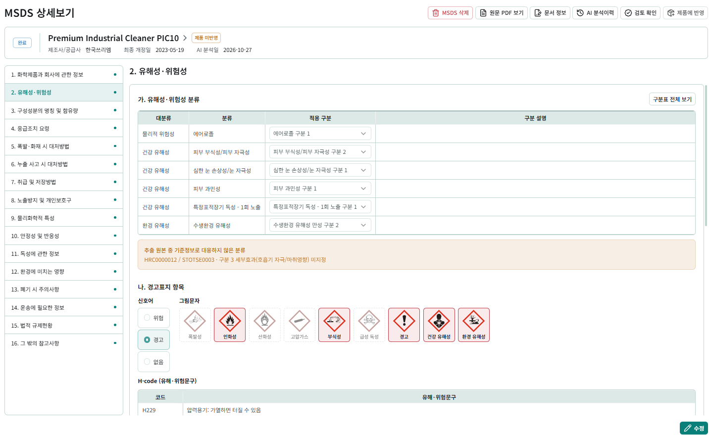 MSDS 유해성 위험성